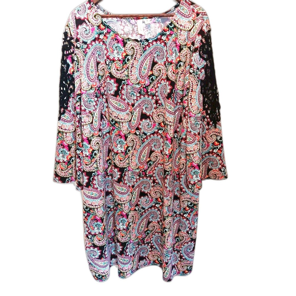 Tacera 3X Paisley Print Dress Black Crochet Lace Sleeve Boho Plus Size
